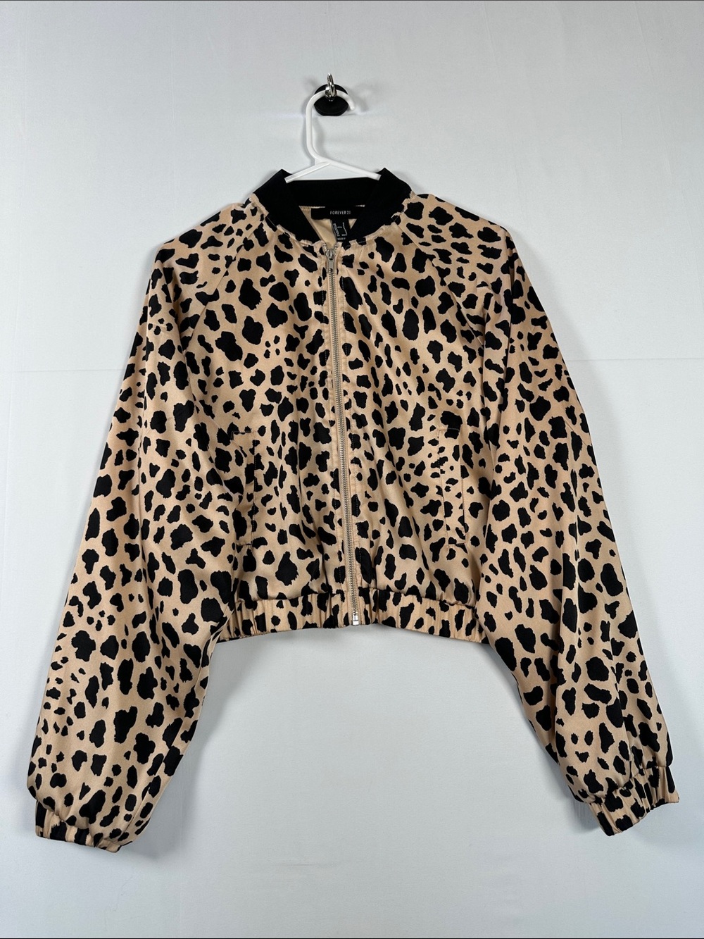 Forever 21 Leopard Satin Cropped Bomber Jacket Animal Print Size S